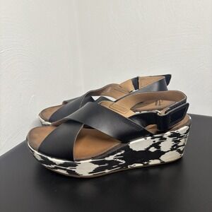 Clarks Stasha Hale Black & White Wedge Sandals Slingback Cross Strap Womens‎ 7.5
